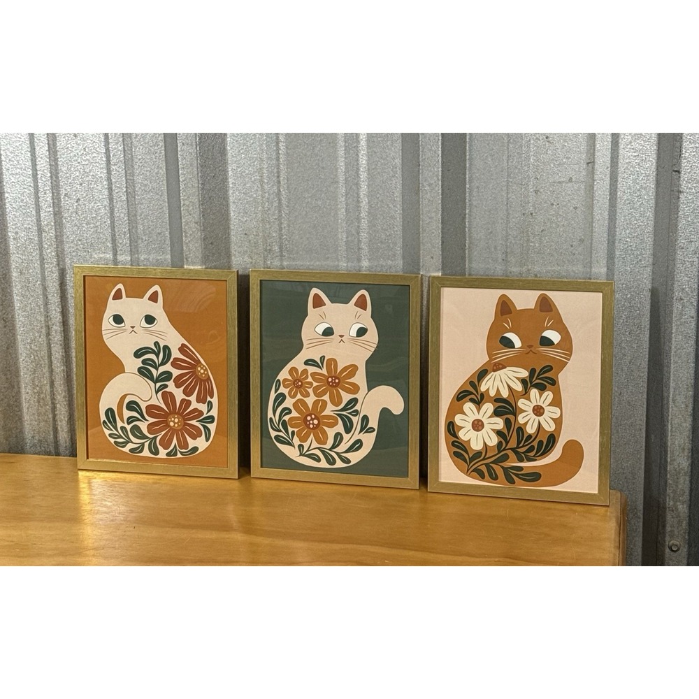 Set of 3 Framed Floral Cat Prints 8x10 Gold Mid Century Modern Wall Art